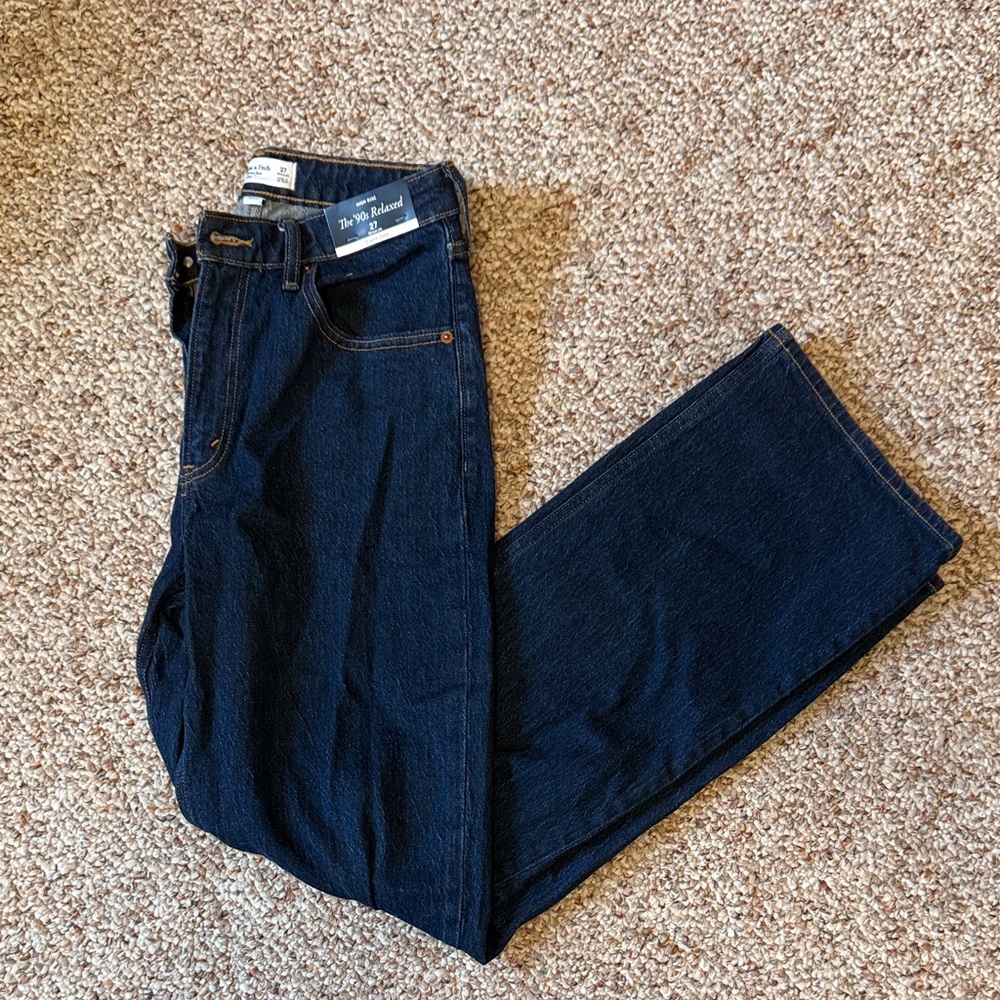 Abercrombie & Fitch Women's Dark Blue 90s relaxed curve love high rise jeans